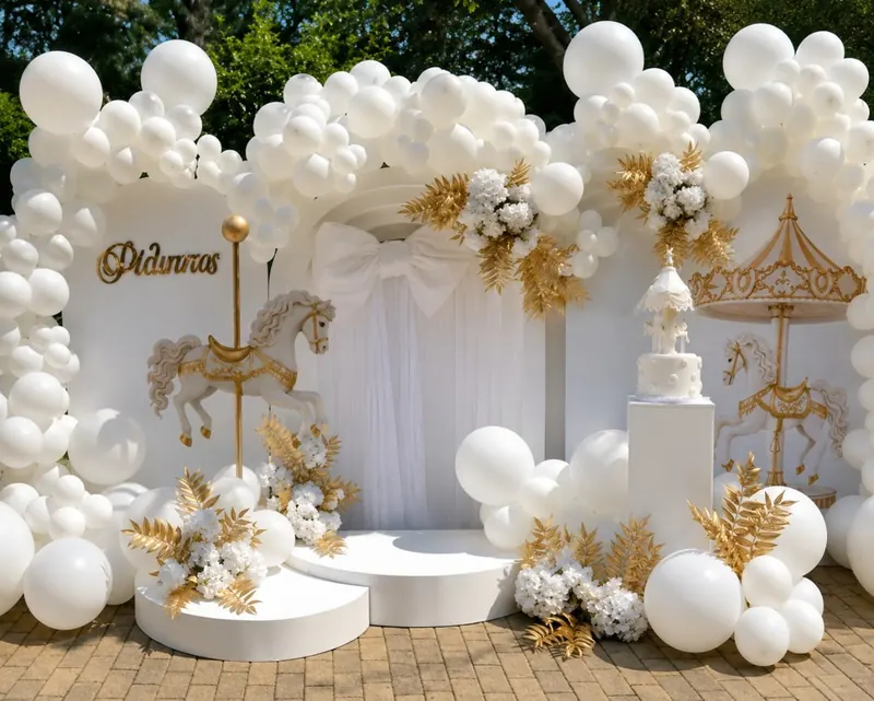 Λευκό και χρυσό balloon wall με αλογάκι καρουζέλ και τούρτα