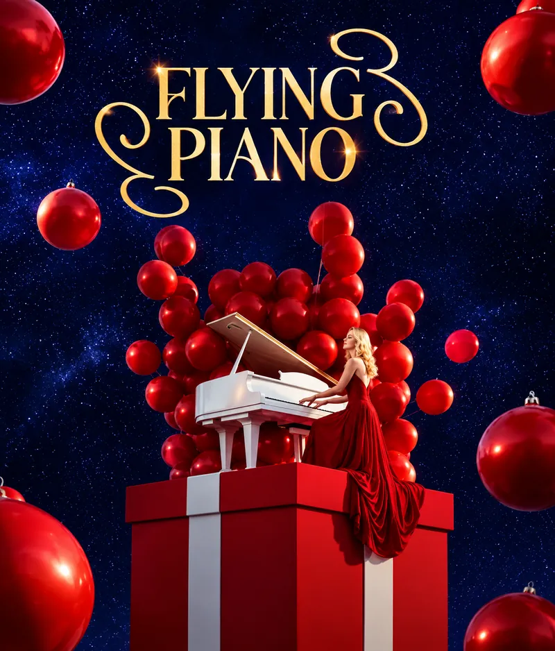 Flying Piano: κόκκινο πιάνο που αιωρείται πάνω από δώρο με χριστουγεννιάτικες μπάλες