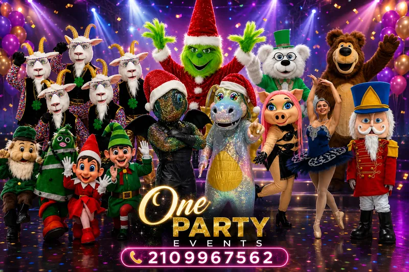 Χριστουγεννιάτικες μασκότ της ONE Party Events: ξωτικά, Grinch, αρκούδες, καρυοθραύστης και τάρανδοι