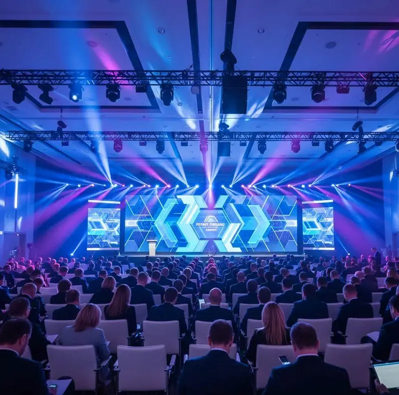 Σκηνή έκθεσης με LED wall και truss με κινητά φώτα πάνω από το κοινό