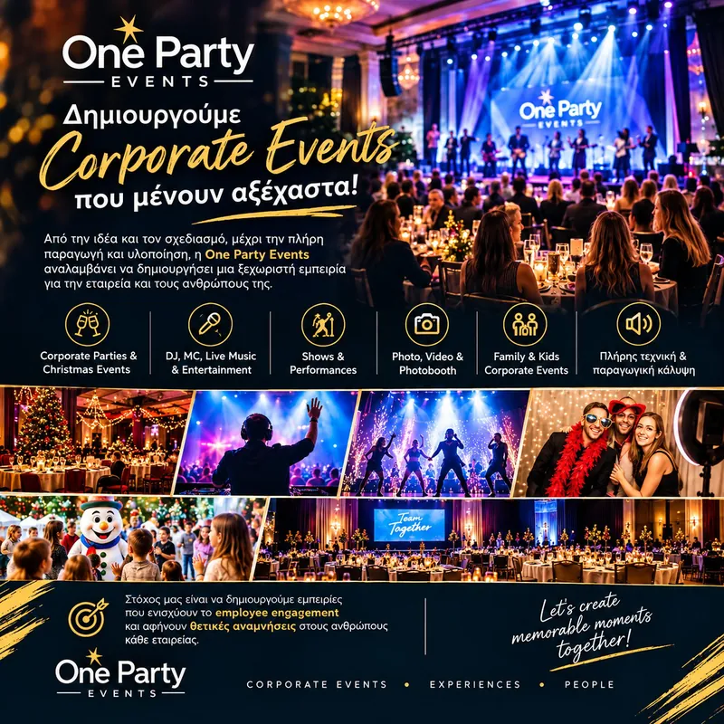 One Party Events — Corporate Events: εταιρικά πάρτι, Christmas events, DJ, shows, photo booth και παραγωγή