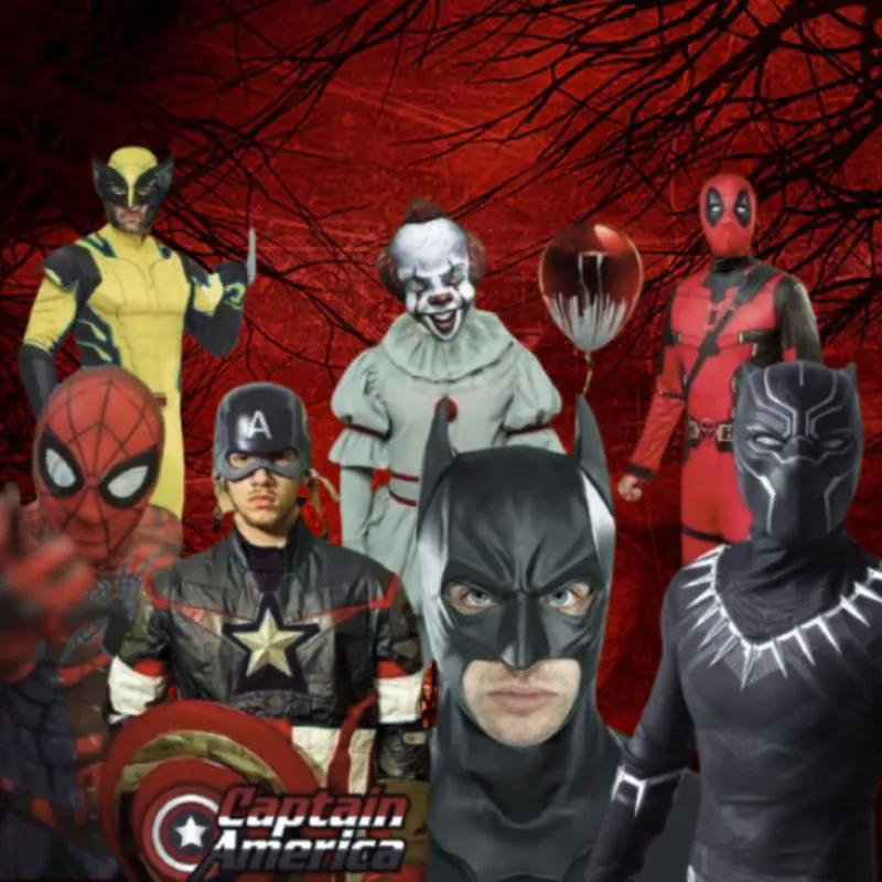 Η ομάδα της One Cosplay Heroes: Wolverine, Spider-Man, Captain America, Batman, Deadpool, Black Panther και Pennywise