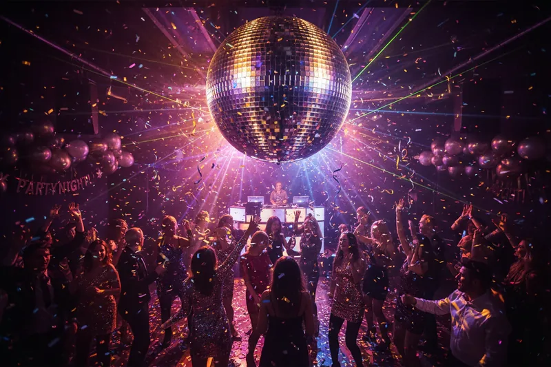 Πίστα με disco ball, κόσμο που χορεύει, κομφετί και δέσμες φωτός