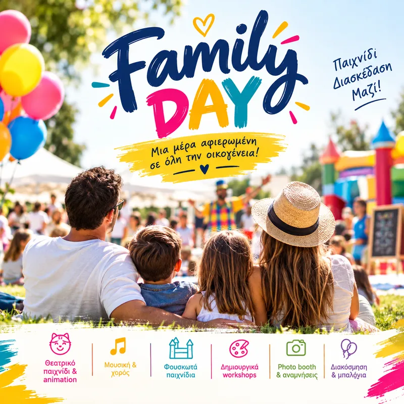 Family Day: οικογένειες σε υπαίθρια εκδήλωση με φουσκωτά, μπαλόνια και δραστηριότητες για παιδιά