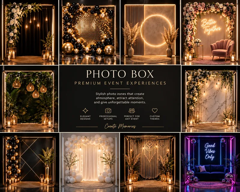 Photo Box premium σκηνικά με φωτισμό, λουλούδια και neon επιγραφές