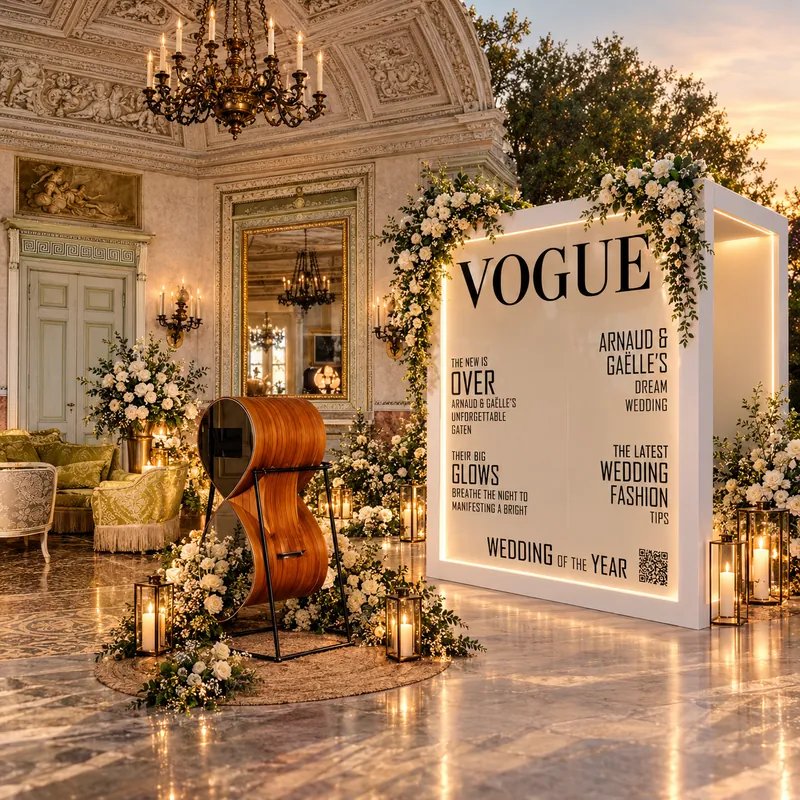 Photo corner γάμου σε στυλ εξωφύλλου VOGUE με λουλούδια, κεριά και πολυέλαιο