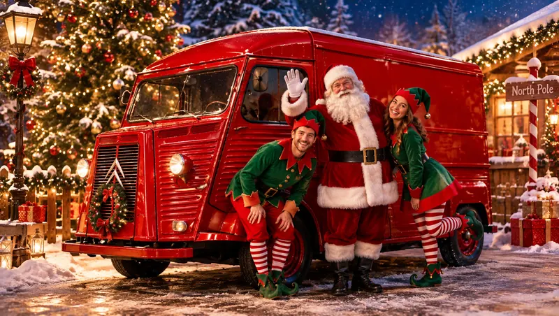 Κόκκινο vintage Santa Claus Truck με τον Άγιο Βασίλη και δύο ξωτικά σε χιονισμένη πλατεία